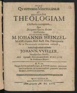 Quaestiones Miscellaneae per universam fere Theologiam a Sectariis corruptam