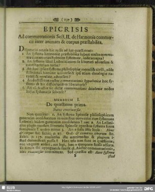 Epicrisis Ad commenationis Sect. II. de Harmonia commercii inter animam & corpus praestabilita
