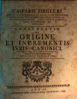 Commentatio de origine et incrementis iuris canonici