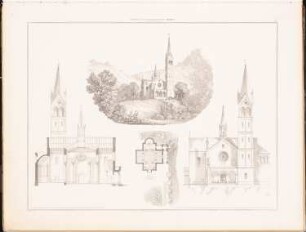 Katholische Kirche, Bertrich: Perspektivische Ansicht, Querschnitt, Grundriss, Ansicht (aus: Entwürfe zu Kirchen, Pfarr- und Schulhäusern, hrsg. von der Kgl. Preuß. Oberbaudeputation, 1845-1855)