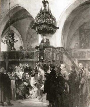 Predigt in der alten Klosterkirche in Berlin : Predigt in der alten Klosterkirche in Berlin. Ölgemälde; 0,63 x 0,53 m (1847; A. von Menzel). Dresden: Galerie Neue Meister 2441