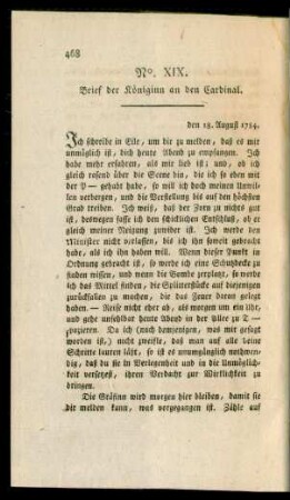 No. XIX. Brief der Königinn an den Cardinal