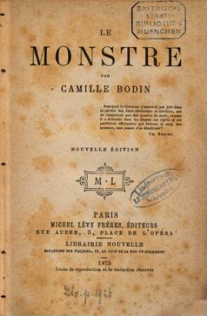 Le monstre : Par Camille Bodin [Pseud. für Jenny Bastide]