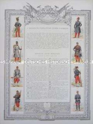 Uniformdarstellung, Rüstungen und Uniformen von Soldaten des 1. Bataillons der Afrikanischen Leichten Infanterie und Zeittafel von Schlachten und Belagerungen mit Beteiligung dieses Bataillons, Frankreich, 1832-1892.