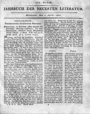 Düsseldorf, b. Schreiner (ohne Angabe der Jahrzahl): Herodots Geschichte, aus dem Griechischen übersetzt durch Maximilian Jakobi. (Wo?) 1r Band. VIII. und 407 S. 2r Bd. 302 S. gr. 8.