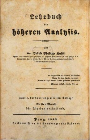 Lehrbuch der höhern Analysis, 1
