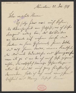 Brief an B. Schott's Söhne : 22.12.1918