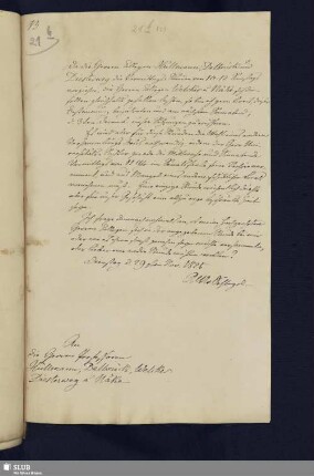 21b(2): Brief Schlegels an seine Kollegen Hüllmann, Welcker, Delbrück, Diesterweg und Näke mit deren Antworten auf Rückseite; dat. Bonn, 29.11.1825.