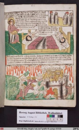 Oben: Das Gericht und die erste Auferstehung (Offenb. 20,4). Unten: Die Entfesselung des Drachen und der letzte Kampf (Offenb. 20,7).