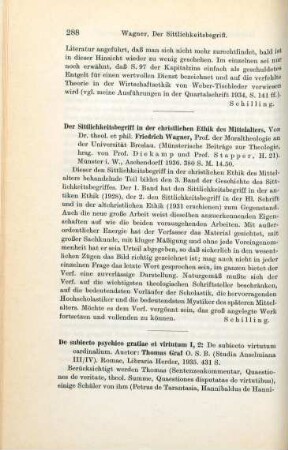 288 [Rezension] Wagner, Friedrich, Der Sittlichkeitsbegriff in der christlichen Ethik des Mittelalters