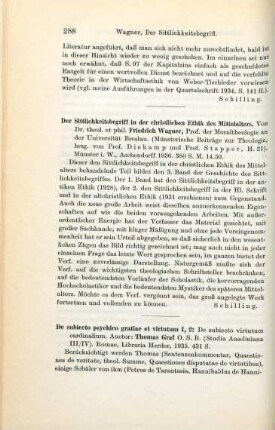 288 [Rezension] Wagner, Friedrich, Der Sittlichkeitsbegriff in der christlichen Ethik des Mittelalters