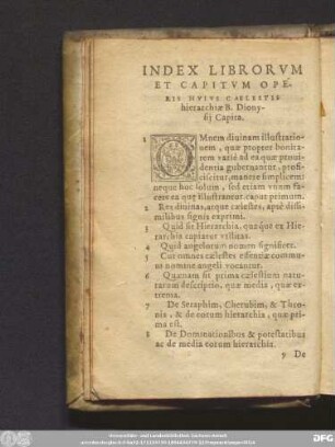 Index Librorum Et Capitum Operis Huius Caelestis hierarchiae B. Dionysii Capita.