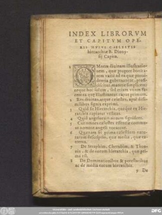 Index Librorum Et Capitum Operis Huius Caelestis hierarchiae B. Dionysii Capita.