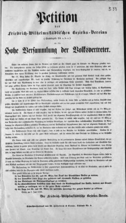 Petition des Friedrich-Wilhelmsstädtischen Bezirks-Vereins [...] (Sammlung Friedlaender)