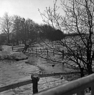 Mühlenbach: vorn und in der Mitte Zäune: rechts und links Sträucher: hinten Bäume: Winter