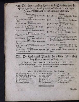 XII. Die bey fremden Höfen und Staaten von der Stadt Hamburg, sowol gemeinschaftlich mit den übrigen Hansee-Städten, als für sich allein Accreditirten.