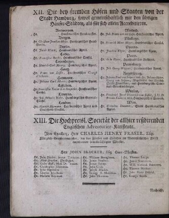XII. Die bey fremden Höfen und Staaten von der Stadt Hamburg, sowol gemeinschaftlich mit den übrigen Hansee-Städten, als für sich allein Accreditirten.