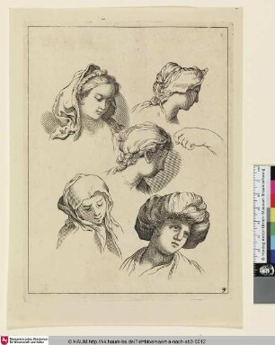 [Heads; Vier Köpfe von Frauen mit unterschiedlichen Kopfbedeckungen; rechts eine Hand; unten Kopf eines Mannes mit Turban]
