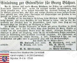 Büchner, Georg, Dr. phil. (1813-1837) / Einladung des 'Komitees für die Büchner-Feier' am 4.7.1875 im 'Tagblatt der Stadt Zürich'