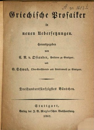Die erhaltenen Reden des Lysias, übersetzt, erläutert und mit Einleitung versehen von Dr. Ferdinand Baur : Griechische Prosaiker Bndchn. 350.351
