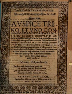 Positiones Controversae De iurisdictione ecclesiastica & ciuili