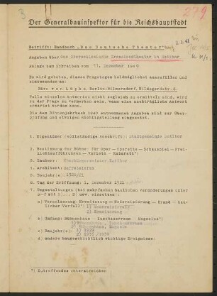 Stadttheater, Ratibor: Fragebogen für das Handbuch »Das Deutsche Theater«, vierseitiges Dokument