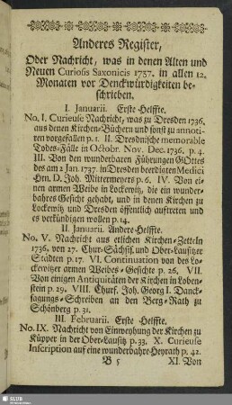 Anderes Register, Oder Nachricht, was in denen Alten und Neuen Curiosis Saxonicis 1737. in allen 12. Monaten vor Denckwürdigkeiten beschrieben