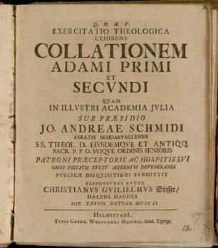 Exercitatio Theologica Exhibens Collationem Adami Primi Et Secvndi