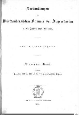 2,23: Landtag Württemberg - Kammer 2, Protokolle 1856-1861, Bd. 7