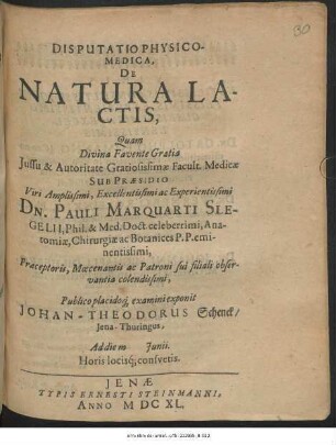 Disputatio Physico-Medica, De Natura Lactis
