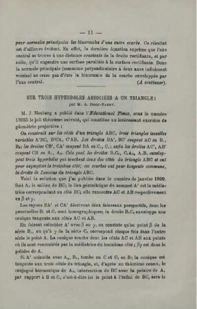 SUR TROIS HYPERBOLES ASSOCIÉES A UN TRIANGLE.