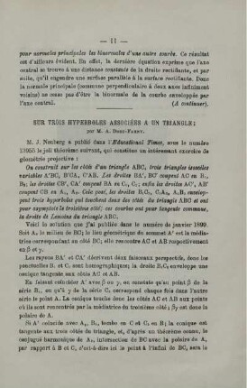 SUR TROIS HYPERBOLES ASSOCIÉES A UN TRIANGLE.