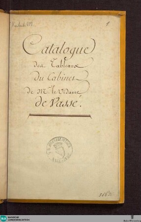 13: Catalogue des tableaux du cabinet de M. le Vidame de Vassé - Cod. Karlsruhe 677