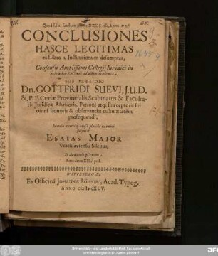 Conclusiones Hasce Legitimas ex Libro I. Institutionum desumptas