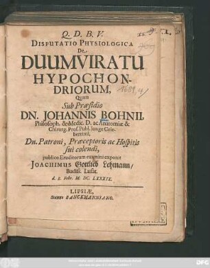 Disputatio Physiologica De Duumviratu Hypochondriorum