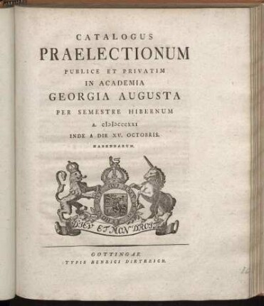 WS 1821: Catalogus praelectionum publice et privatim in Academia Georgia Augusta ... habendarum
