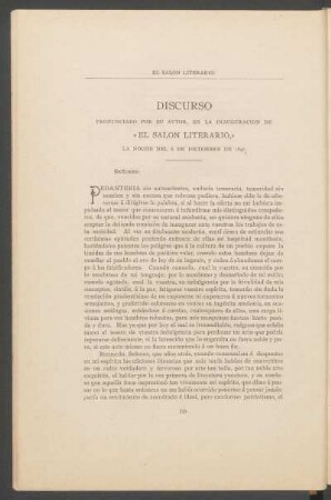 Discurso pronunciado por su autor, en la inauguración de "El Salón Literario", la noche del 6 de diciembre de 1897.