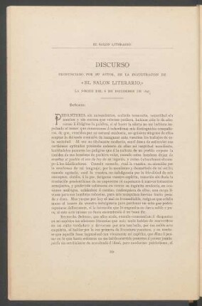 Discurso pronunciado por su autor, en la inauguración de "El Salón Literario", la noche del 6 de diciembre de 1897.