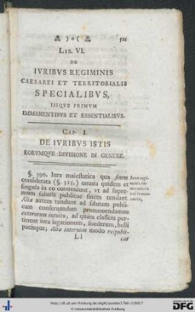 Lib. VI. De Iuribus Regiminis Caesarei Et Territorialis Specialibus, Iisque Primum Immanentibus Et Essentialibus.