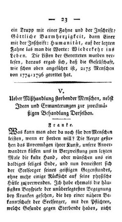 V. Ueber Mißhandlung sterbender Menschen, nebst Ideen und Ermunterungen zur zweckmäßigen Behandlung Derselben
