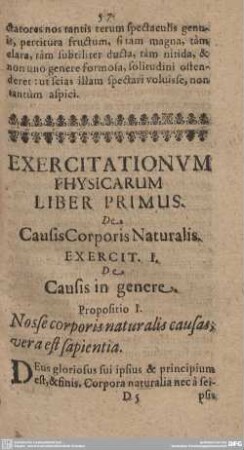 Exercitationum Physicarum Liber Primus. De Causis Corporis Naturalis.