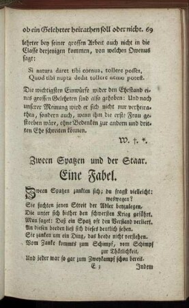 Zween Spatzen und der Staar. Eine Fabel.