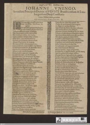 Ampl[issi]mo, clar[issi]mo & c[on]sultissimo viro, Iohanni Lvningo, Serenissimi Principis & Domini Avgusti Brunsvicensium & Luneburgensium Ducis Consiliario titulum Doctoris indepto gratulatur