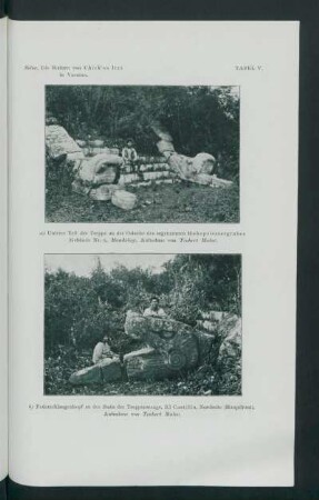Tafel V.: a) Unterer Teil der Treppe an der Ostseite des sogenannten Hohepriestergrabes (Gebäude Nr.: 9, Maudslay). [und] b) Federschlangenkopf an der Basis der Treppenwange, "El Castillo", Nordseite (Hauptfront). : Aufnahme von Teobert Maler.