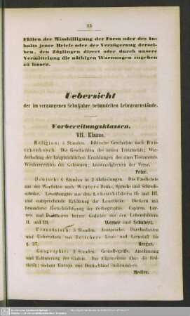 Uebersicht der im vergangenen Schuljahre behandelten Lehrgegenstände