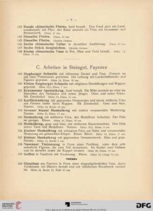 C. Arbeiten in Steingut, Fayence (Nr. 149-164)