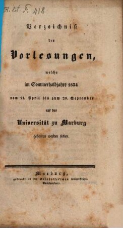 Verzeichnis der Vorlesungen. 1834, 1834. SH.