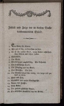 Inhalt und Folge der in diesem Buche vorkommenden Stücke.