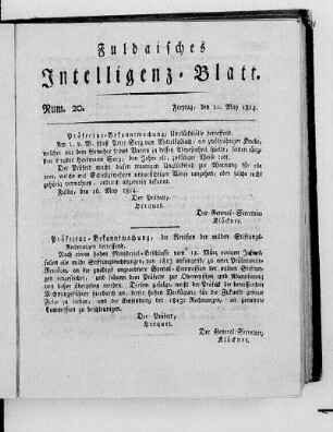 Num. 20, Ausgabe vom 20. May 1814 [S. 266/267 fehlt.]