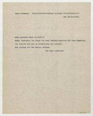 Brief von Raoul Hausmann an Hildebrand Gurlitt. Berlin